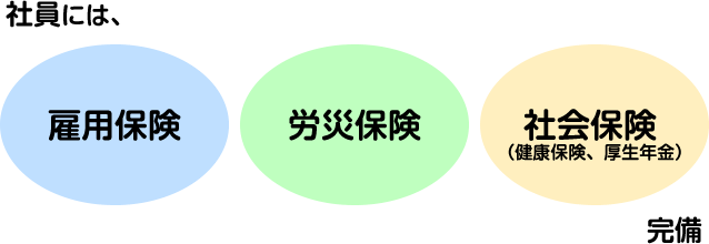 社員には、雇用保険、労災保険、社会保険 完備